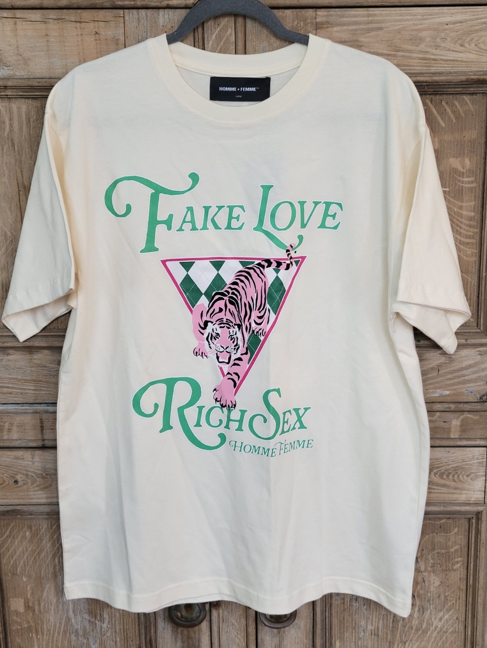 Homme+Femme 'Fake Love Rich Sex' Graphic Tee - Cream, Pink & Green NWT